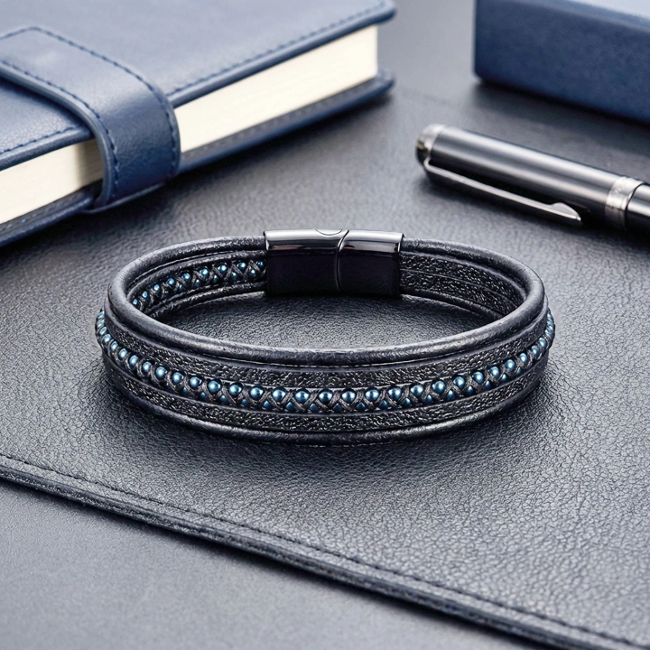 Moncuk Design Mavi Hematit Ve Çoklu Deri Bileklik 33514B3D3