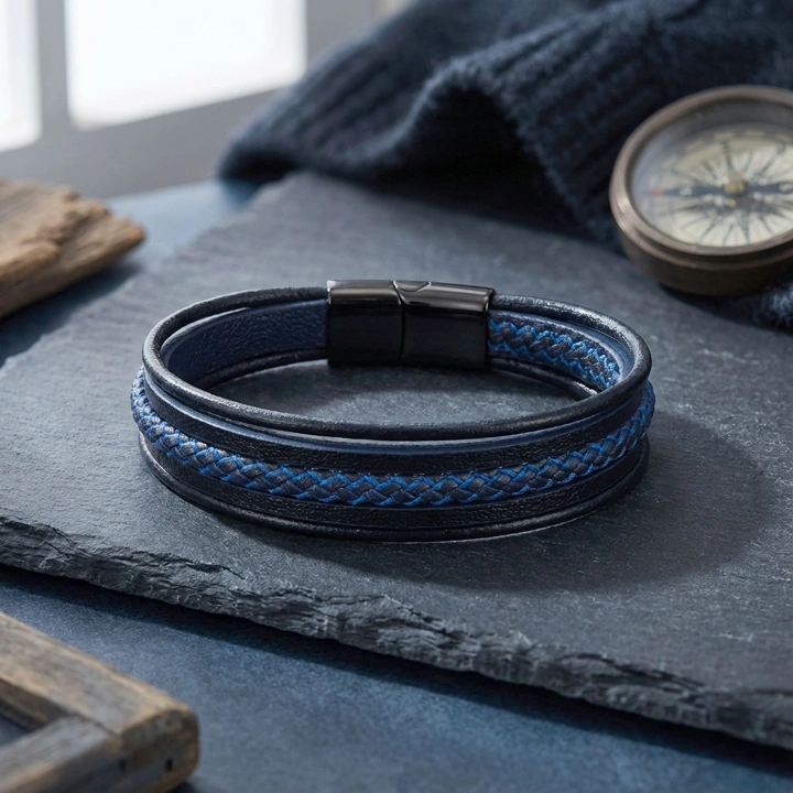 Moncuk Design Mavi Siyah Çoklu Deri Bileklik 33513B2D7