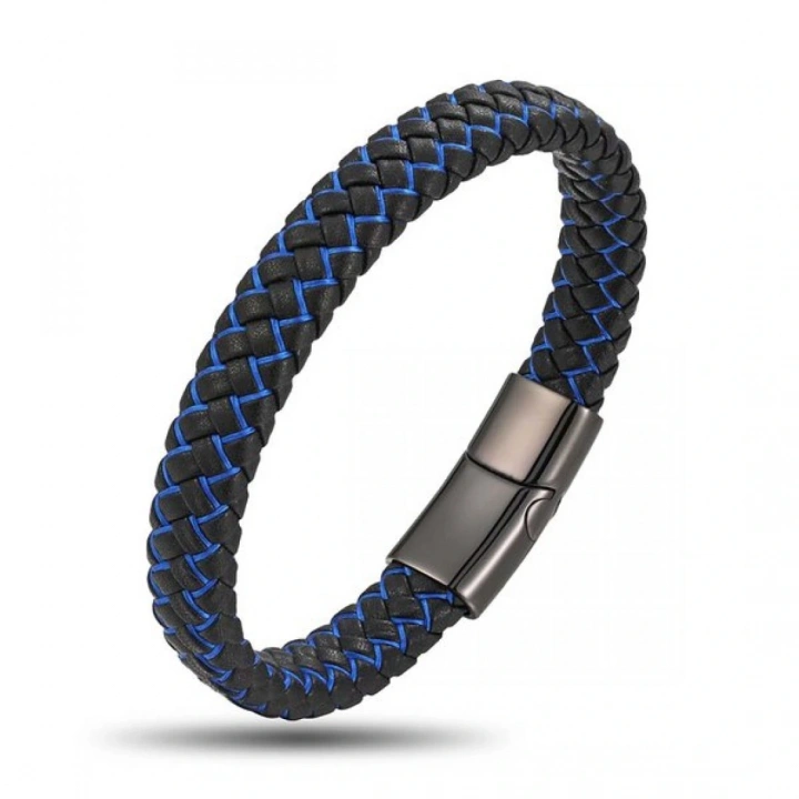 Moncuk Design Mavi Siyah Deri Örgü Çelik Bileklik 33513B4D3