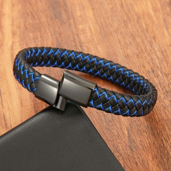 Moncuk Design Mavi Siyah Deri Örgü Çelik Bileklik 33513B4D3