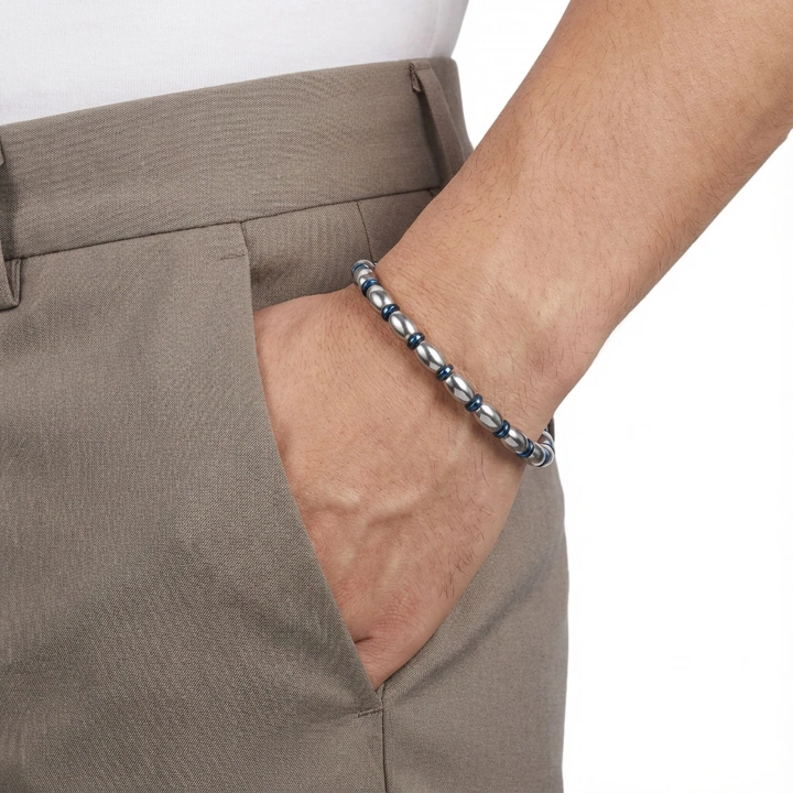 Moncuk Design Mavi Ve Gümüş Hematit Doğal Taşlı Ayaranabilir Çelik Zincir Bileklik 33512B10D1