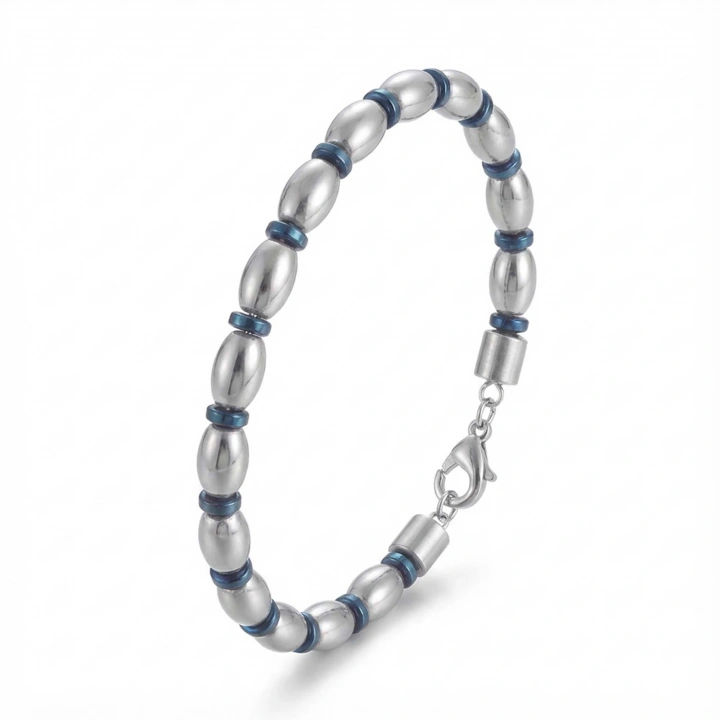 Moncuk Design Mavi Ve Gümüş Hematit Doğal Taşlı Ayaranabilir Çelik Zincir Bileklik 33512B10D1