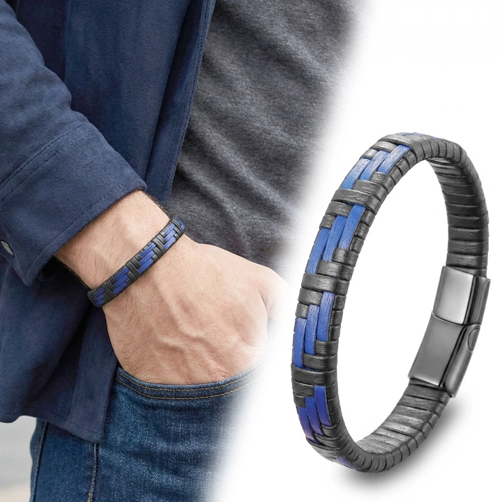 Moncuk Design Mavi Ve Siyah Deri Örgü Ve Çelik Bileklik 33513B9D2