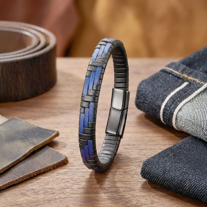 Moncuk Design Mavi Ve Siyah Deri Örgü Ve Çelik Bileklik 33513B9D2