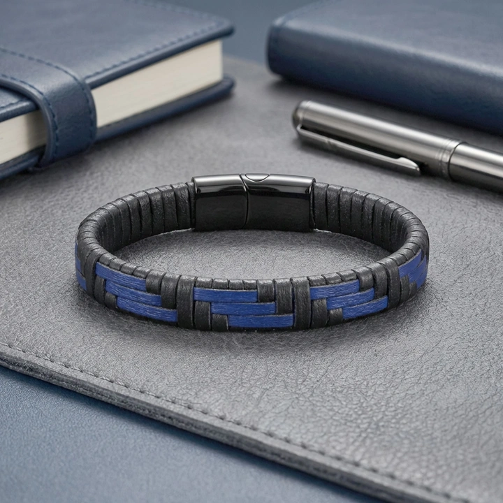 Moncuk Design Mavi Ve Siyah Deri Örgü Ve Çelik Bileklik 33513B9D2