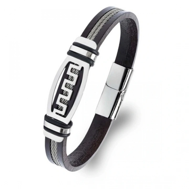 Moncuk Design Meander Motifli Çelik Halatlı Deri Erkek Bileklik 33514B17D1