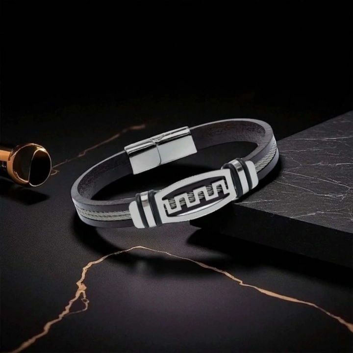 Moncuk Design Meander Motifli Çelik Halatlı Deri Erkek Bileklik 33514B17D1