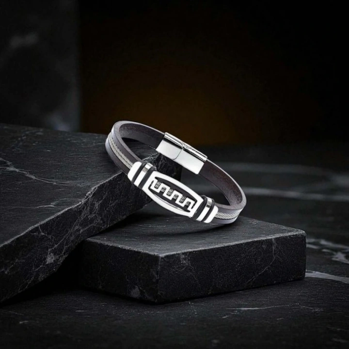 Moncuk Design Meander Motifli Çelik Halatlı Deri Erkek Bileklik 33514B17D1