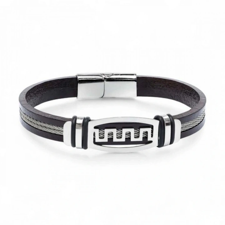 Moncuk Design Meander Motifli Çelik Halatlı Deri Erkek Bileklik 33514B17D1
