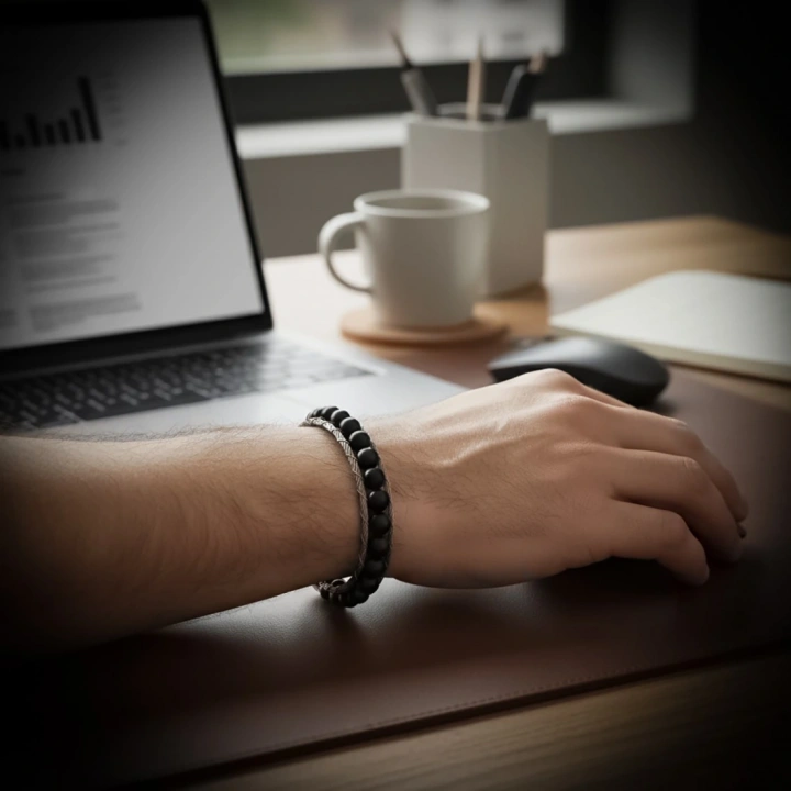 Moncuk Design Oniks Doğaltaş Ve Çelik Halat Örme Bileklik 33512B2DH1