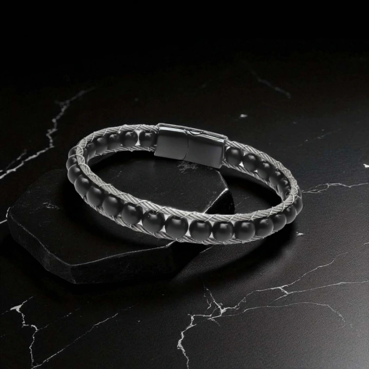 Moncuk Design Oniks Doğaltaş Ve Çelik Halat Örme Bileklik 33512B2DH1