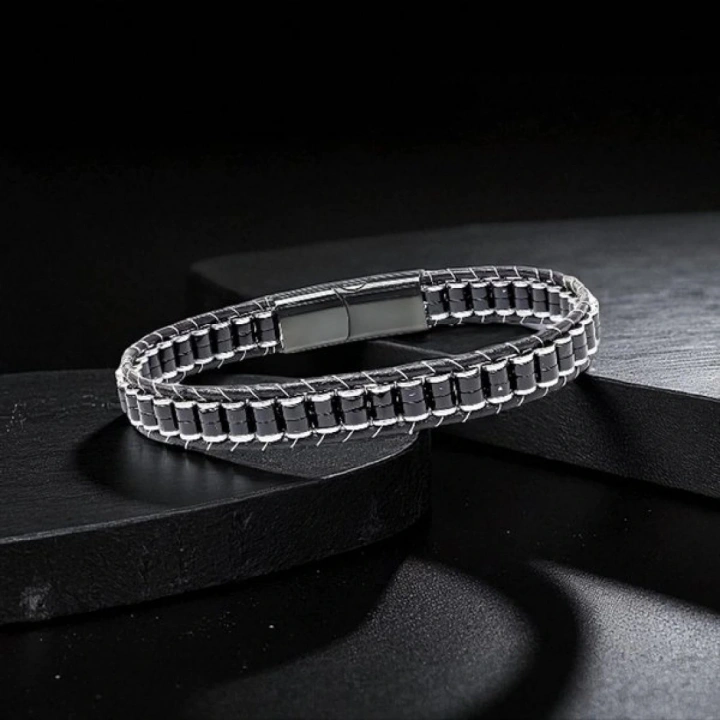 Moncuk Design Oniks & Hematit Çelik Örgülü Deri Bileklik 33512B22D2