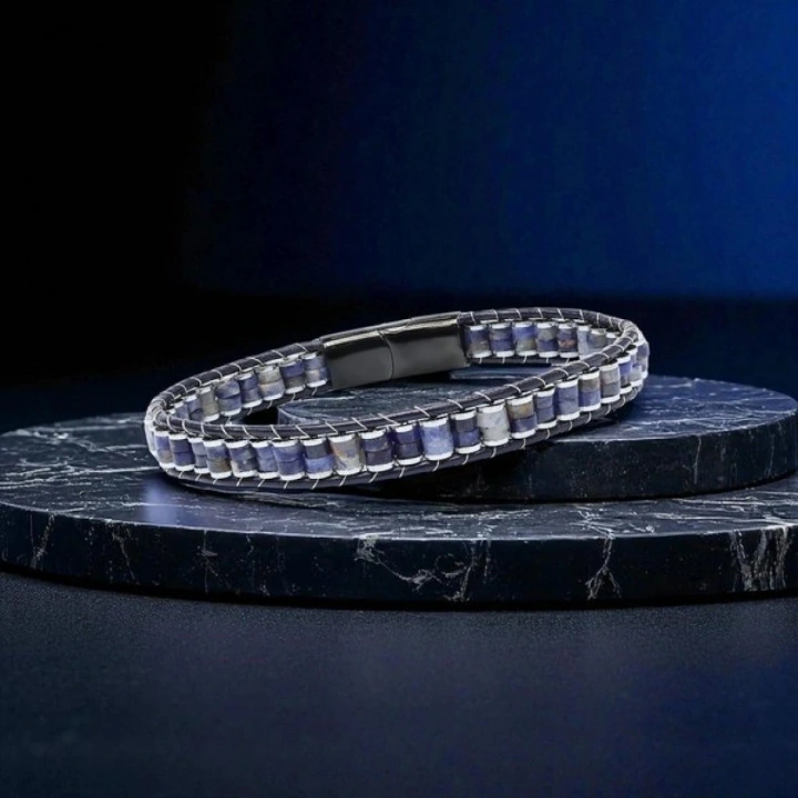 Moncuk Design Orijinal Deri, Lapis Doğaltaş ve 316L Titanyum Çelik Erkek Bileklik 33512B22D10