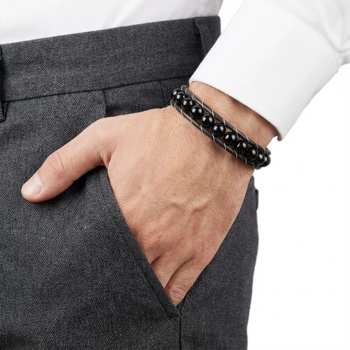 Moncuk Design Parlak Oniks Taşı Örmeli Deri Bileklik 33512B2D8M25