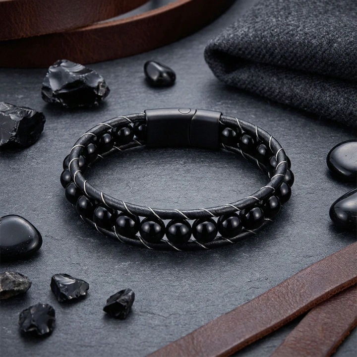 Moncuk Design Parlak Oniks Taşı Örmeli Deri Bileklik 33512B2D8M25