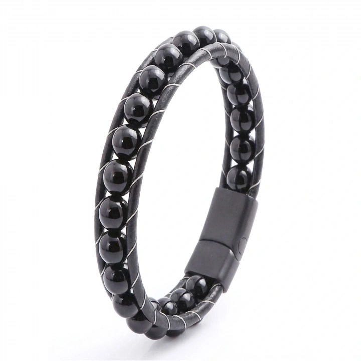 Moncuk Design Parlak Oniks Taşı Örmeli Deri Bileklik 33512B2D8M25