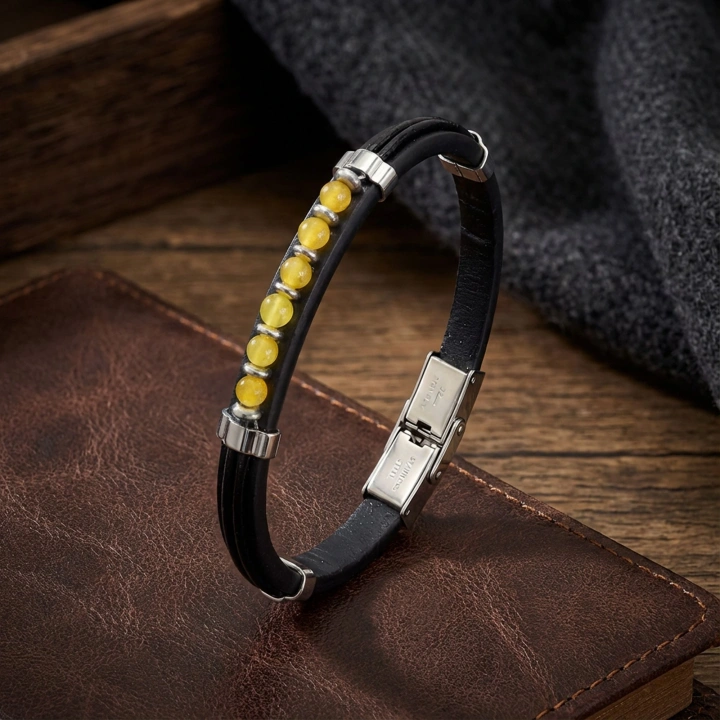 Moncuk Design Sarı Akik Taşlı Deri Bileklik 33511G6D6M