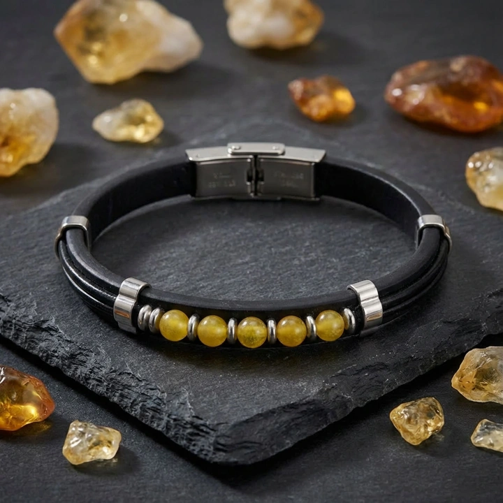 Moncuk Design Sarı Akik Taşlı Deri Bileklik 33511G6D6M