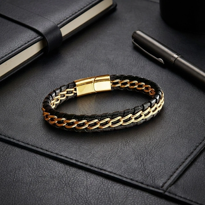 Moncuk Design Sarı Çift Zincir Çelik Ve Deri Bileklik 33514B2D4