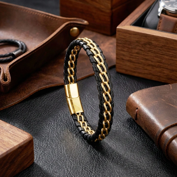 Moncuk Design Sarı Çift Zincir Çelik Ve Deri Bileklik 33514B2D4