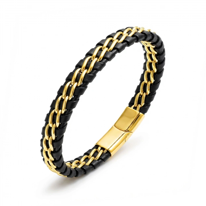 Moncuk Design Sarı Çift Zincir Çelik Ve Deri Bileklik 33514B2D4