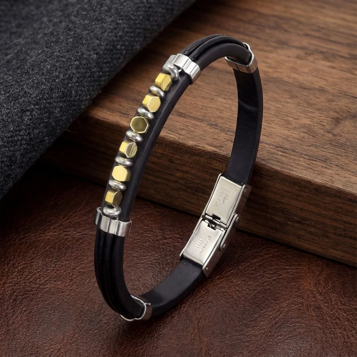 Moncuk Design Sarı Renk Hematit Taşlı Deri Bileklik 33511G6D2M