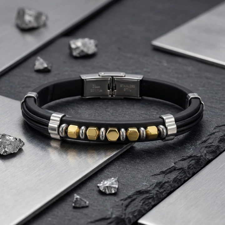 Moncuk Design Sarı Renk Hematit Taşlı Deri Bileklik 33511G6D2M