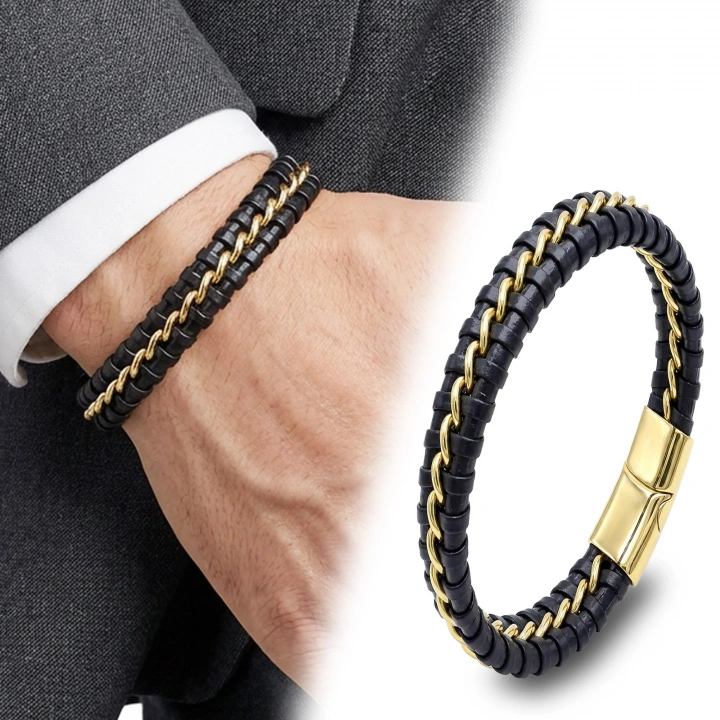 Moncuk Design Sarı Zincir Ve Deri Dolama Çelik Bileklik 33514B2D3