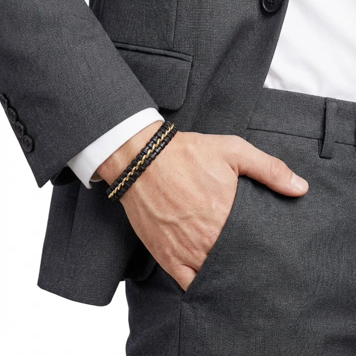 Moncuk Design Sarı Zincir Ve Deri Dolama Çelik Bileklik 33514B2D3