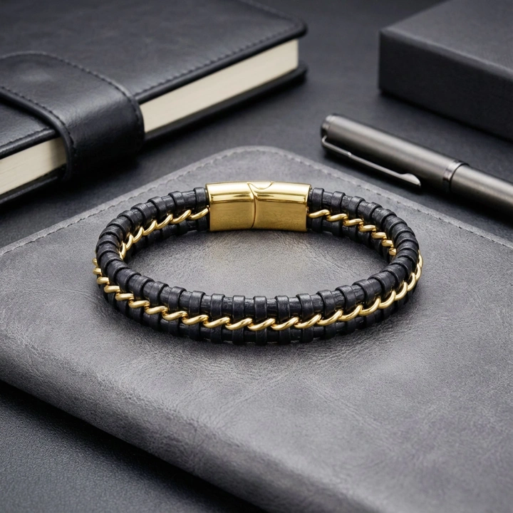 Moncuk Design Sarı Zincir Ve Deri Dolama Çelik Bileklik 33514B2D3