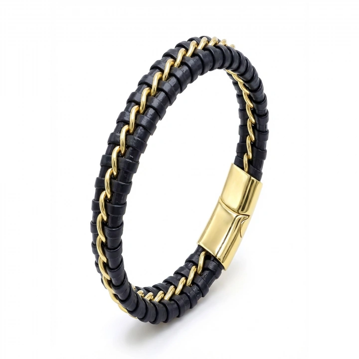 Moncuk Design Sarı Zincir Ve Deri Dolama Çelik Bileklik 33514B2D3