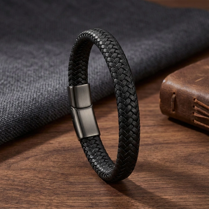 Moncuk Design Siyah Deri Örgü Çelik Bileklik 33513B4D4