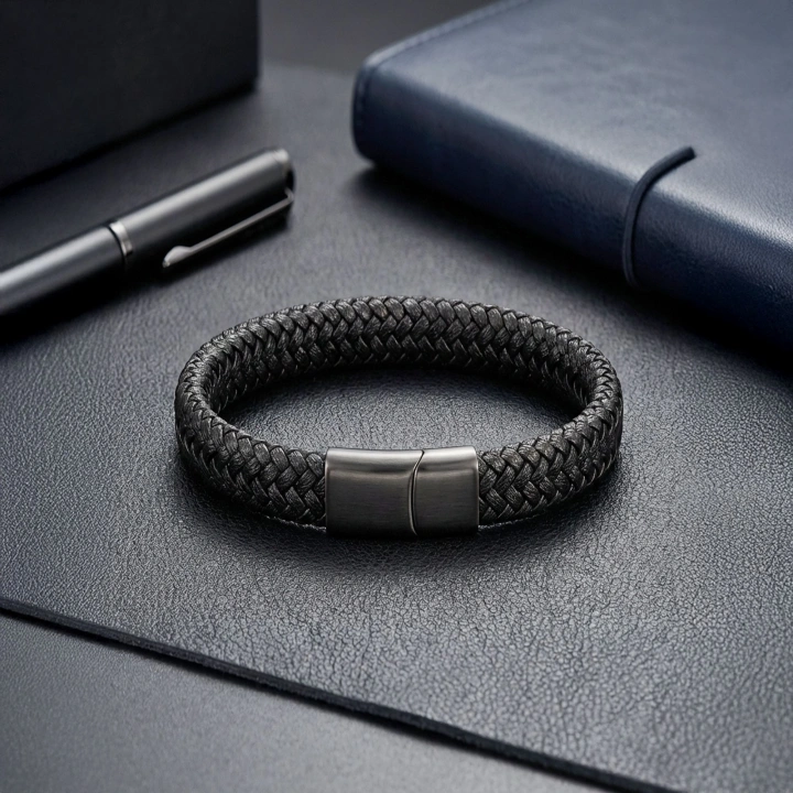 Moncuk Design Siyah Deri Örgü Çelik Bileklik 33513B4D4