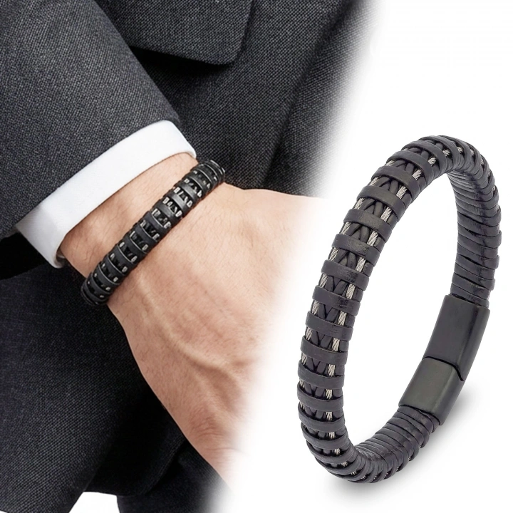 Moncuk Design Siyah Deri Ve Çelik Erkek Bilekllik 33514B1D1-4