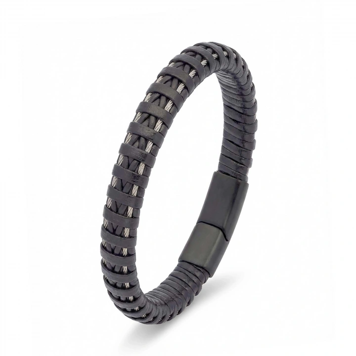 Moncuk Design Siyah Deri Ve Çelik Erkek Bilekllik 33514B1D1-4