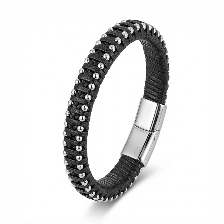 Moncuk Design Siyah Deri Ve Damla Çelik Zincirli Bileklik 33514B1D2-1