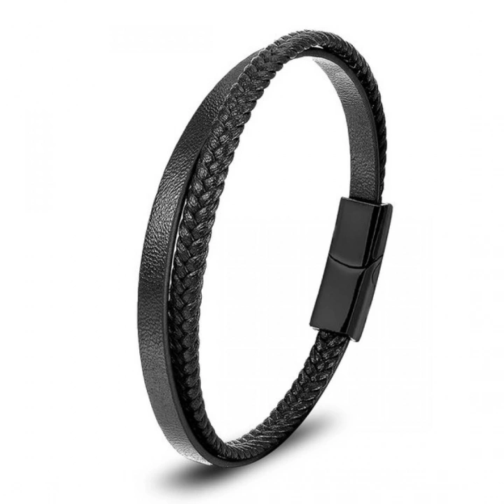 Moncuk Design Siyah Deri Ve Saç Örgü İkili Çoklu Çelik Bileklik 33513B12D1