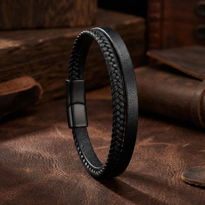 Moncuk Design Siyah Deri Ve Saç Örgü İkili Çoklu Çelik Bileklik 33513B12D1