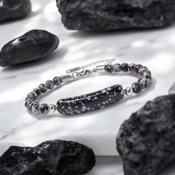 Moncuk Design Snowy Obsidian Doğaltaş Çelik Halat Ve Çelik Klipsli Bileklik 33512B19D2