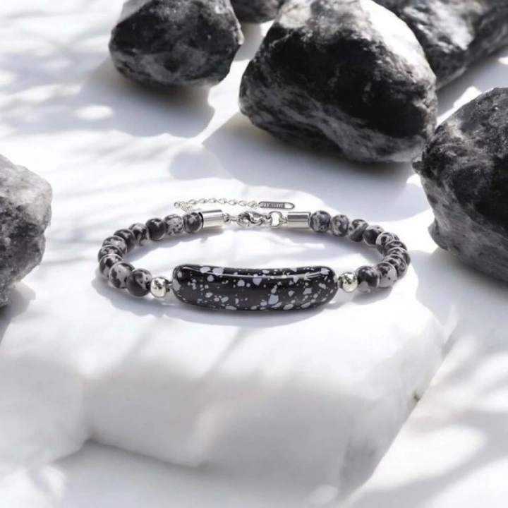 Moncuk Design Snowy Obsidian Doğaltaş Çelik Halat Ve Çelik Klipsli Bileklik 33512B19D2