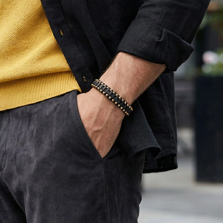 Moncuk Design Syah Deri Ve Sarı Damla Çelik Zincirli Bileklik 33514B1D2-4