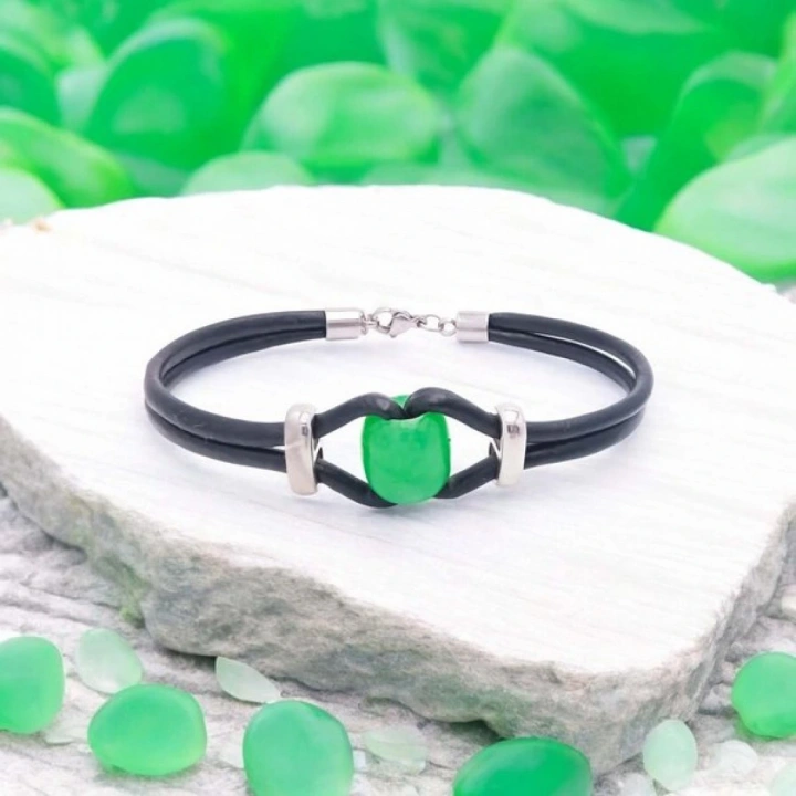 Moncuk Design Yeşil Akik Doğal Taşlı Deri Ve Çelik Bileklik 33512B14D3