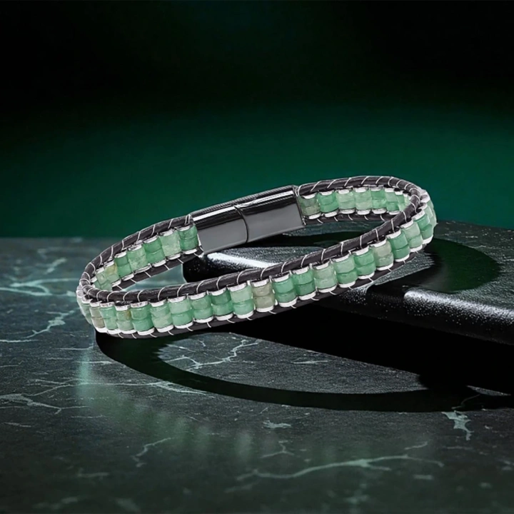 Moncuk Design Yeşil Aventurin & Hematit Çelik Örgülü Deri Bileklik 33512B22D5