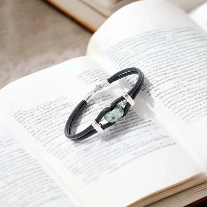 Moncuk Design Yeşil Jasper Doğal Taşlı Deri Ve Çelik Bileklik 33512B14D4