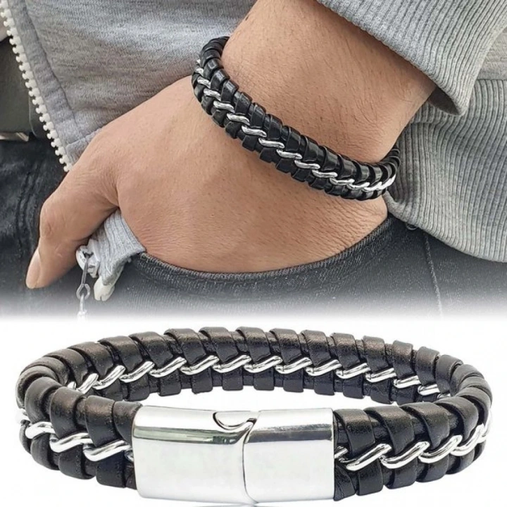 Moncuk Design Zincir Model Çelik Ve Deri Bileklik 33514B2D1