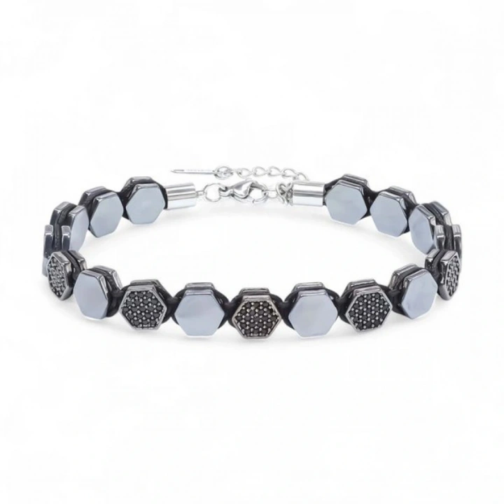 Moncuk Design Zirkon Taşlı Ayarlanabilir Hematit Çelik Bileklik 33512B16D1