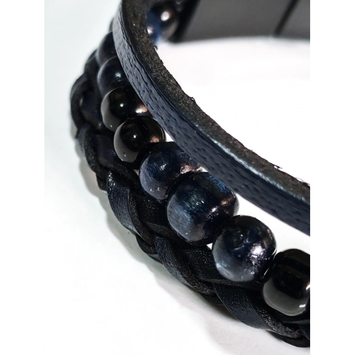 Deri ve Taş Siyah ve Lacivert Erkek Bileklik - Sevgiliye Hediye