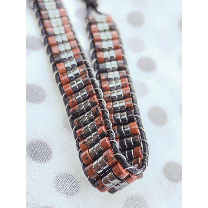 Obsidyen Doğal Taş Kahverengi Örme Erkek Bilekliği 4X2 mm