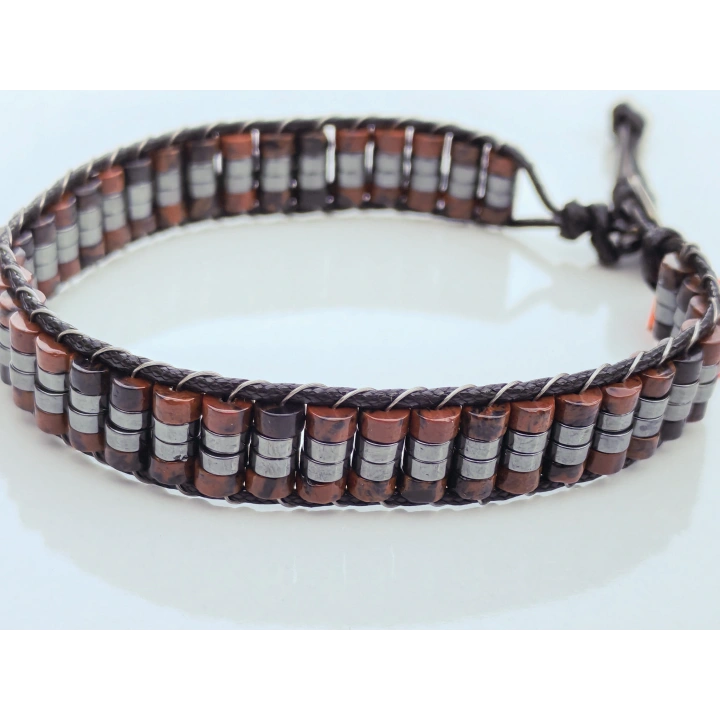 Obsidyen Doğal Taş Kahverengi Örme Erkek Bilekliği 4X2 mm