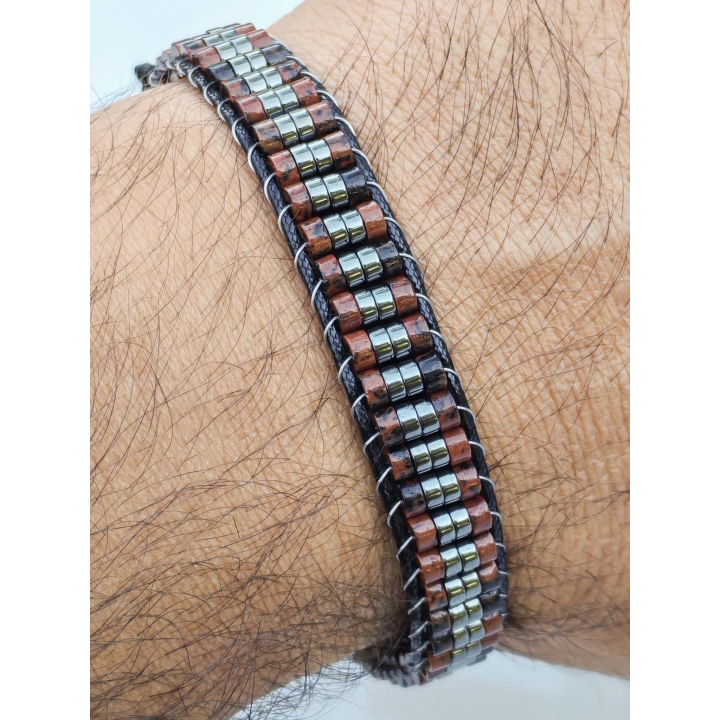 Obsidyen Doğal Taş Kahverengi Örme Erkek Bilekliği 4X2 mm